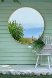 "MirrorOutlet The Fenestra - Gold edged Modern Round Circular Garden Wall Mirror 47"" X 47"" (120CM X 120CM) Silver Mirror Glass with Black Metal Frame"