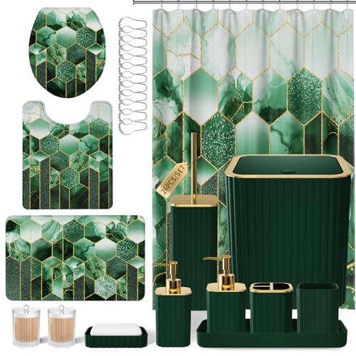 XLHOMO Bathroom Set - 26PC Bathroom Set with Shower Curtain and Rugs, Bathroom Accessory Set, Dark Green Bathroom Accessories Set, Trash Can & Soap Dispenser
