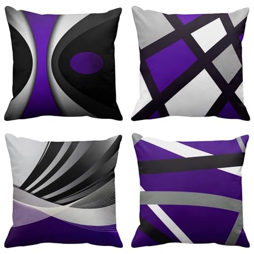 Emvency Set of 4 Purple Throw Pillow Covers Modern Abstract Black Grey Stripes Gray White Acrylic Bold Decorative Pillow Cases Home Decor Square 18x18 Inches Pillowcases