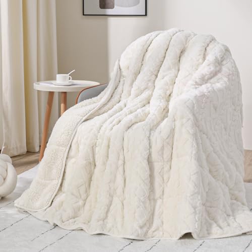 "Drewin Weighted Blanket 15lbs for Adults Deep Sleep and Relax,Cream White - Soft Jacquard Sherpa Heavy Blankets 48"" x 72"" with Glass Beads???Cozy Fleece Throw Blankets for Bed and Couch???Machine Washable"