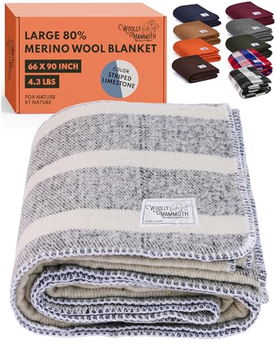 "Woolly Mammoth Merino Wool Blanket- 66"" x 90"" 4 lbs Thick, Outdoor/Indoor Throw for Campfire, Picnic, Beach, Van Life, Home- Farmhouse Collection Heavy Duty Insulating Sleep Plaid, Navy/Cream Stripe"