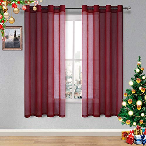 DWCN Burgundy Sheer Curtains, Faux Linen Grommet Window Curtain Voile Sheer Drapes for Living Room Bedroom Thanksgiving Day & Christmas Decor Set of 2 Panels 52 x 72 Inch Long, Burgundy Red