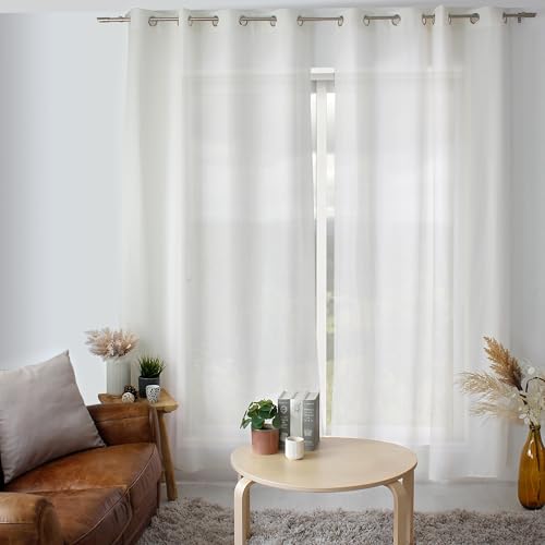 ED ENJOY HOME Curtain Ecru 140 x 240 cm Metal Eyelets Microfibre Fabric Cotton Voile Look for Bedroom and Living Room