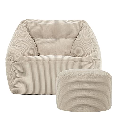 icon Natalia Cord Bean Bag Chair with Pouffe, Beige, Large Adult Bean Bag with Filling Included, Comfy Chair, Armchair, Living Room, Bedroom Furniture
