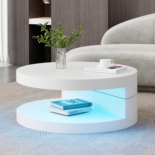 Ball & Cast Round rotating coffee table with LED lights, 360° rotating tabletop, end table, double-layer sofa sidetable, Open storage space, 70 * 70 * 35.5cm, MDF, white