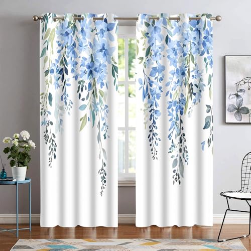 EOTDMS Blue Watercolor Floral Curtains, 52x84 inch, 2 Panels - Botanical Leaves Vine Flowers, Rustic Farmhouse, Blackout Window Treatment, For Bedroom Living Room