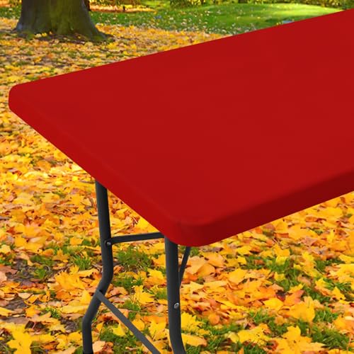 "Moosfor Spandex Picnic Table Cloth, Elastic Fitted Tablecloths for 8 Foot Rectangle Tables, Stretch Washable Patio Table Cover for Outdoor, Camping, Banquet and Parties (Red, 30""x96"")"