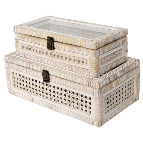 "DECOR4SEASON Rattan and Cane Stacking Boxes with Glass Top Lid - Set of 2 11.8"" and 14.1"", for Boho and Rustic Farmhouse Decor, White Wash"