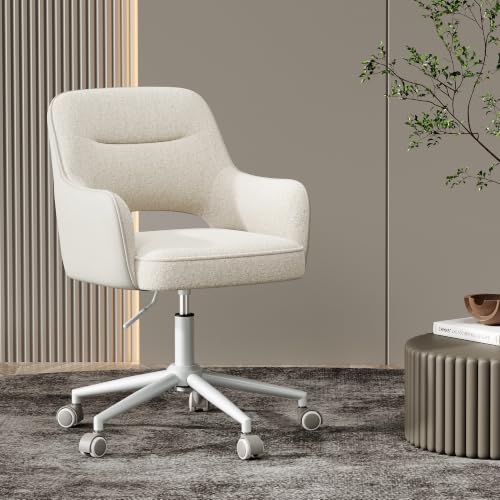 MALOL Fabric Office Chair with Armrest, Hollow Backrest Desk Chair, Swivel Makeup Vanity Chair with Height Adjustable for Home Office, Bedroom, Study (White)