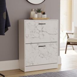Vida Designs 2 Drawer Shoe Cabinet Cupboard Shoe Storage Organiser (White Marble)
