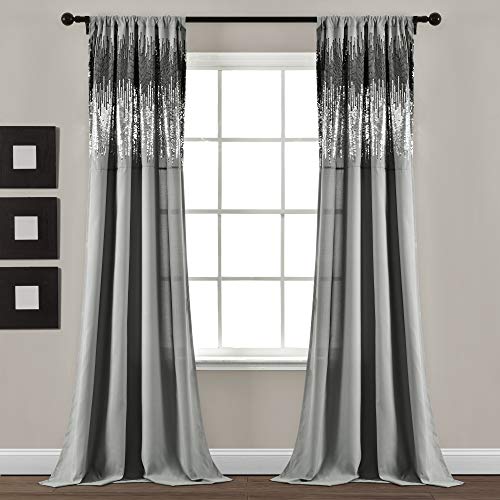 "Lush Decor Shimmer Sequins Window Curtain Panel Pair, 84"" L x 42"" W, Dark Gray & Black"