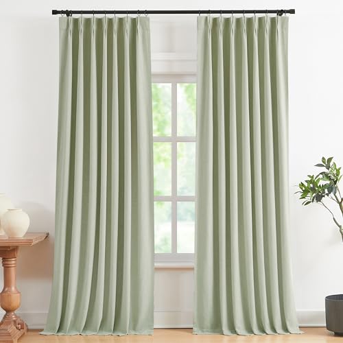 "Vision Home Soft Green Pinch Pleated Full Blackout Curtains Linen Blended Room Darkening Curtain Panels 90 inch for Living Room Bedroom Thermal Insulated Pinch Pleat Drapes with Hooks 40"" Wx90 Lx2"