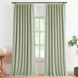 "Vision Home Soft Green Pinch Pleated Full Blackout Curtains Linen Blended Room Darkening Curtain Panels 90 inch for Living Room Bedroom Thermal Insulated Pinch Pleat Drapes with Hooks 40"" Wx90 Lx2"