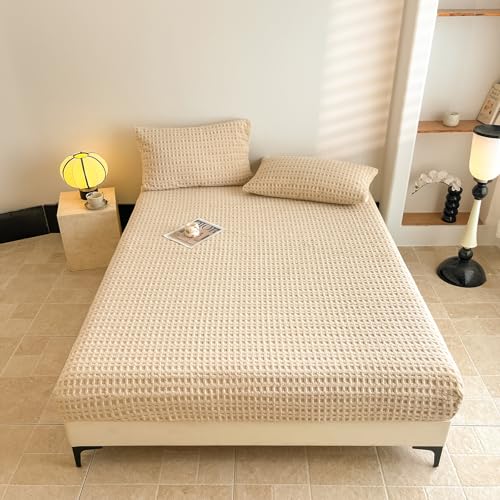 "Waffle Weave Full Fitted Sheet Deep Pocket 15"" - Ultra Soft Textured Bed Sheet with Elastic All Around - Breathable Hotel Quality Bedding, Sand Beige"
