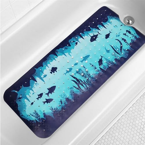 Blue Bathtub Mat Non Slip 40x16in Extra Long Bath Mat for Tub Funny Cute Ocean Animals Anti Slip Shower Mat for Bathroom with Large Drain Holes and Suction Cups Quality Bath Mats and Bathtub Decor