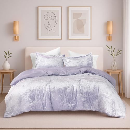 Comfort Spaces Juliette Luxe Comforter Set Velvet Lush with Soft Brushed Microfiber Reverse, All Season Cozy Velvet Bedding Sets, Fluffy Comforter Bed Set, Matching Sham, Purple Full/Queen 3 Piece