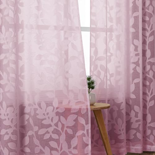 OVZME Blush Pink Sheer Curtains 84 inches Long 2 Panels for Living Room, Jacquard Clip Leaf Pattern Textured Light Filtering Window Semi Sheer Voile Drapes for Bedroom, Each Panel 42 x 84 Inch