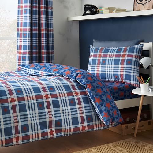 Catherine Lansfield Stars And Check Reversible Double Duvet Cover Set with Pillowcases Blue