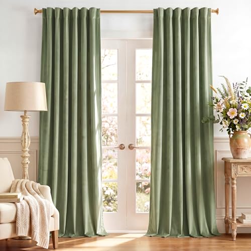 StangH Sage Green Curtains 92 inches Long Super Soft Velvet Room Darkening Thermal Insulated Window Drapes Back Tab Luxury Decor for Bedroom Living Room, W52 x L92, 2 Panels