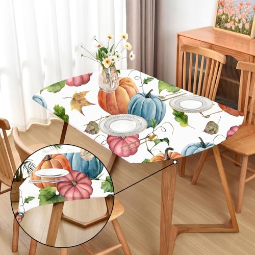 Amonsa Oval Thanksgiving Tablecloth Stretchy Fabric Washable Cloth Dining Table Cover with Elastic No Slip Reusable Blue Pumpins 48 x 72 Inch