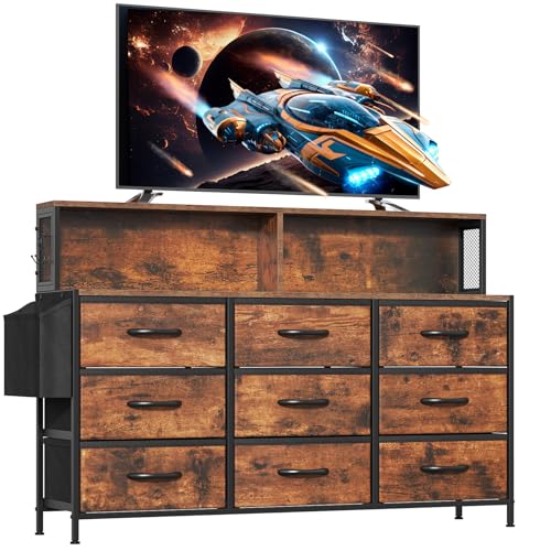 Feonase Large Chest of Drawers Bedroom, 9 Drawers Dresser with Shelf and Side Pocket, Metal Frame, MDF Top Board, Versatile Organizer Storage Unit for Bedroom, Living Room, Rustic Brown