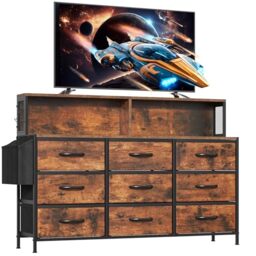 Feonase Large Chest of Drawers Bedroom, 9 Drawers Dresser with Shelf and Side Pocket, Metal Frame, MDF Top Board, Versatile Organizer Storage Unit for Bedroom, Living Room, Rustic Brown