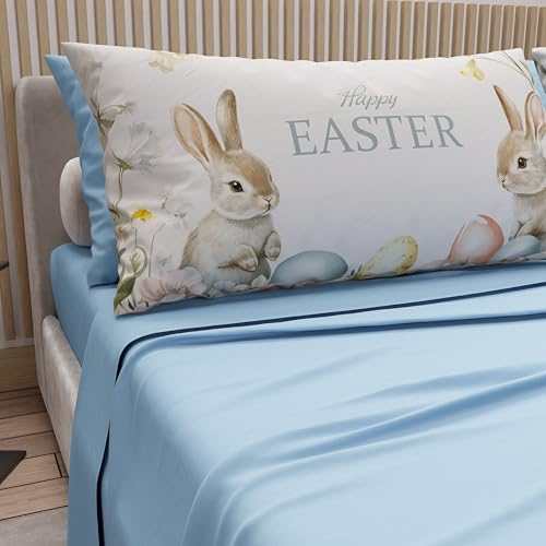 PETTI Artigiani Italiani - Easter Cotton Sheets with Pillowcases in Digital Print, Double Bedsheets, Easter Double Bed Set, 13 Light Blue, Made in Italy