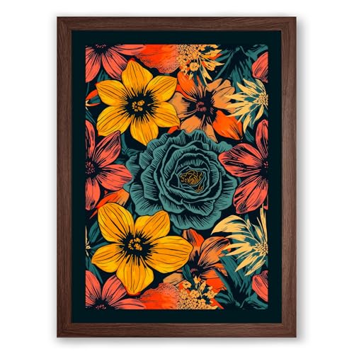 Festive Floral Tapestry Botanical Framed Wall Art Print A3 (42×29.7cm) Walnut, Wall Decor for Living Room, Bedroom, Office & Home, Ready to Hang, Art Gift