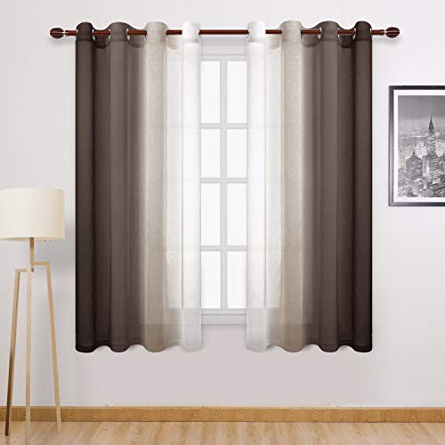 DWCN Faux Linen Ombre Sheer Curtains - Gradient Semi Voile Curtains for Bedroom and Living Room, Set of 2 Grommet Top Window Curtain Panels, 52 x 72 Inches Long, Chocolate Brown