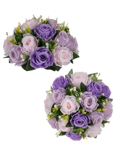 BLOSMON Purple Pink Fake Flowers: 2 Pcs Artificial Flower Balls Centerpiece - Faux Rose Floral Arrangement for Table Decorations - Faux Silk Bouquet with Base for Home Party Reception Decor