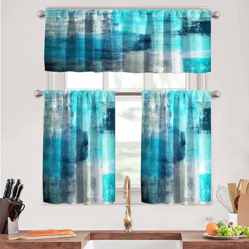 "MCALK Turquoise Thin Kitchen Curtains Tiers and Valances Set 3 Piece for Windows Grey Kitchen Window Curtains Set,Modern Abstract Art Valances for Living Room(36"" Tiers Set)"