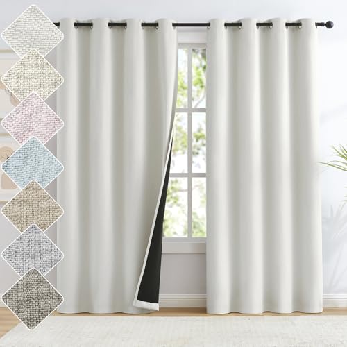 "Cream White Full Blackout Curtain Panels for Living Room Bedroom, Heavy Duauty Burlap Faux Linen Textured Thermal Insulated Total Blackout Curtains Drapes, 52""x95""x2"
