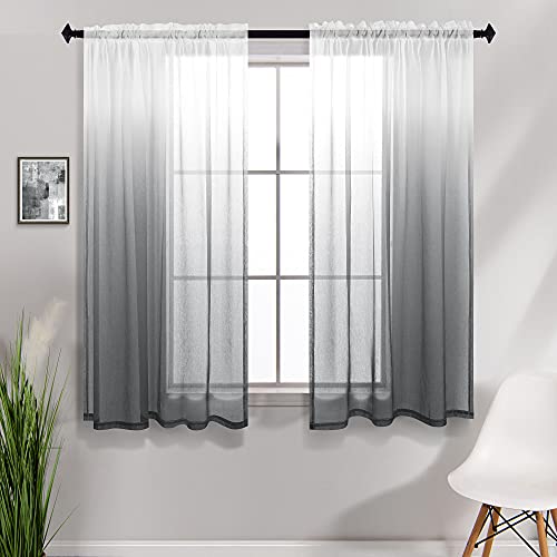 KOUFALL Grey Window Curtain Panels Set of 2 Rod Pocket Ombre Sheer Short Curtains for Small Windows Bathroom Kitchen 42 x 45 Inch Length
