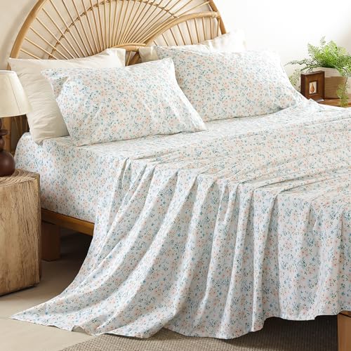 Queen Size Sheet Set, 4 Piece Floral Printed Bed Sheets, Deep Pockets - Breathable and Cooling Microfiber, Wrinkle Free, Hotel Luxury Bed Sheet for Women & Men, Oeko-Tex