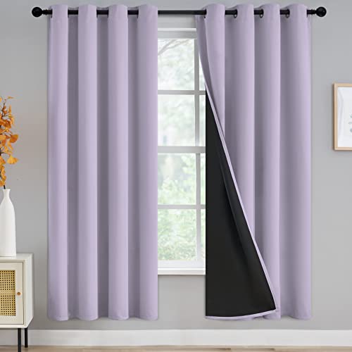 Yakamok 100% Blackout Curtains for Bedroom 72 Inch Length, Light Blocking Drapes with Black Backing, Thermal Insulated Solid Grommet Panels for Living Room, 52Wx72L, Lilac, 2 Panels