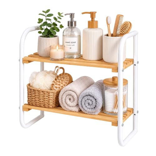 Relaxdays Bamboo & Metal Shelf, Bathroom, Hallway, 2 tiers, HxWxD: 43 x 45 x 21 cm, low shoe rack, natural/white