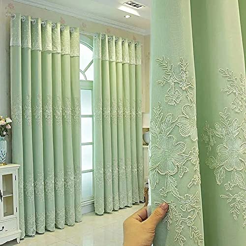 Amidoudou 1 Pair European Double Layer Curtains Luxury Flower Embroidered Curtains for Living Room Bedroom (Green,52x95 Inch)