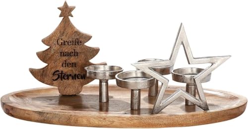 GILDE Mango Wood Candle Holder with Aluminium Elements and Saying Height 26 cm