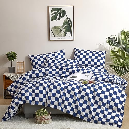CLOTHKNOW Blue White Plaid Queen Comforter Set Grid Bedding Comforter Sets Checkerboard Pattern Soft All Season
