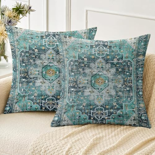 ZSYTZL Boho Throw Pillow Covers 22x22 inch Set of 2,Soft Pillowcases Bohemia Carpet Pattern Decorative Sofa Living Room Bed Square Pillow Case Cushion Cover-Cyan