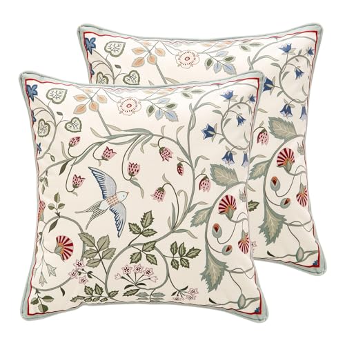 "bilin gaier Throw Pillow Covers Pack of 2,Green Cozy Velvet Farmhouse with Birds and Flowers Pattern Pillowcases,Decoration Square Pillows Cushion Covers for Couch Sofa Bed Car Chair,18""x18"""
