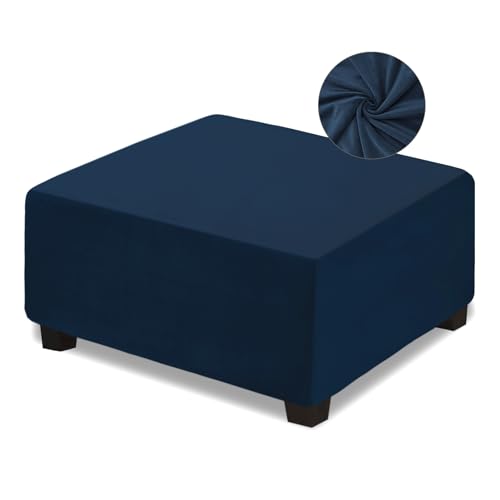NeColorLife Velvet Square Ottoman Cover,Stretchable Footrest Stool Slipcover with Elastic Band for Rectangle and Square Storage Ottoman(Large,Navy Blue)