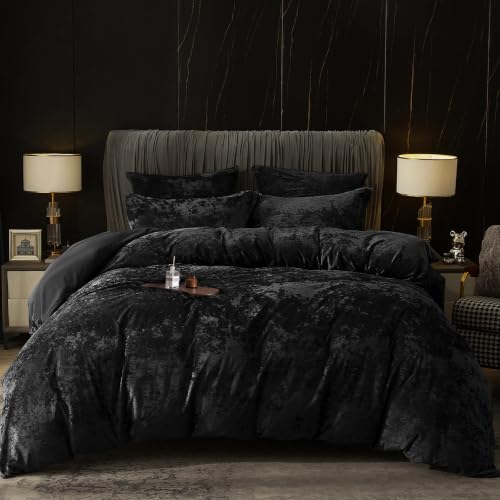 "PHF Truly Velvet Duvet Cover Set Queen Size, 3pcs Ultra Soft Breathable Comforter Cover Set, Luxury Cozy Flannel Duvet Cover with Pillow Shams Bedding Collection, 90"" x 90"", Black"