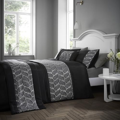 Portfolio Home Rouen Embellished Sequens Geometric Black Single Soft Easy Care Bed Linen Bedding Duvet Cover Quilt Set With Pillow Case