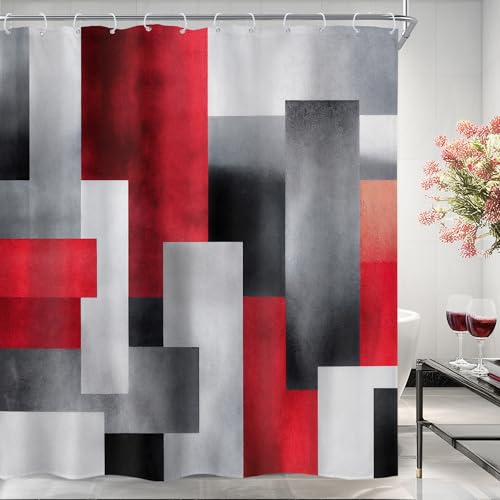 "Black Red Grey Abstract Minimalist Square Bathroom Shower Curtain Set - 72""W x 78""L shower curtain??? Rectangle Geometric: HD waterproof print, quick-dry cloth, free hooks for easy installation."