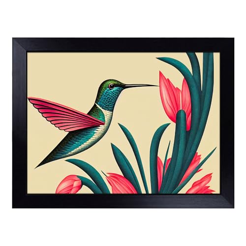 Lap Tray with Bean Bag Cushion, An Art Deco Hummingbird - Handmade in the UK, Raised Wooden Edge, Padded Cushion, Heat-Resistant Wipe-Clean Surface, for Meals, Laptops and Crafts