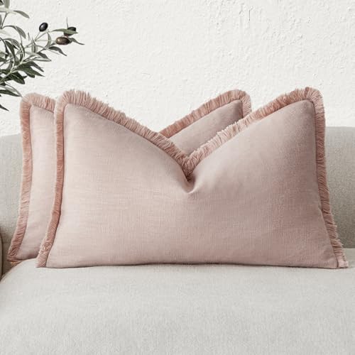 Foindtower Set of 2 Decorative Linen Fringe Lumbar Throw Pillow Covers Boho Farmhouse Cushion Cover with Tassels Soft Accent Pillowcase for Couch Sofa Bed Living Room Home Decor,12×20 Inch,Light Pink