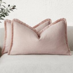 Foindtower Set of 2 Decorative Linen Fringe Lumbar Throw Pillow Covers Boho Farmhouse Cushion Cover with Tassels Soft Accent Pillowcase for Couch Sofa Bed Living Room Home Decor,12×20 Inch,Light Pink