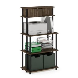 Furinno TURN-N-TUBE Printer Stand with Storage, 5-Tier Large Printer Stand, Printer Table with Top Cabinet, for CPU, Office Supplies, Brown Walnut