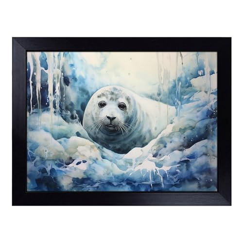 Lap Tray with Bean Bag Cushion, Seal Watercolour - Handmade in the UK, Raised Wooden Edge, Padded Cushion, Heat-Resistant Wipe-Clean Surface, for Meals, Laptops and Crafts